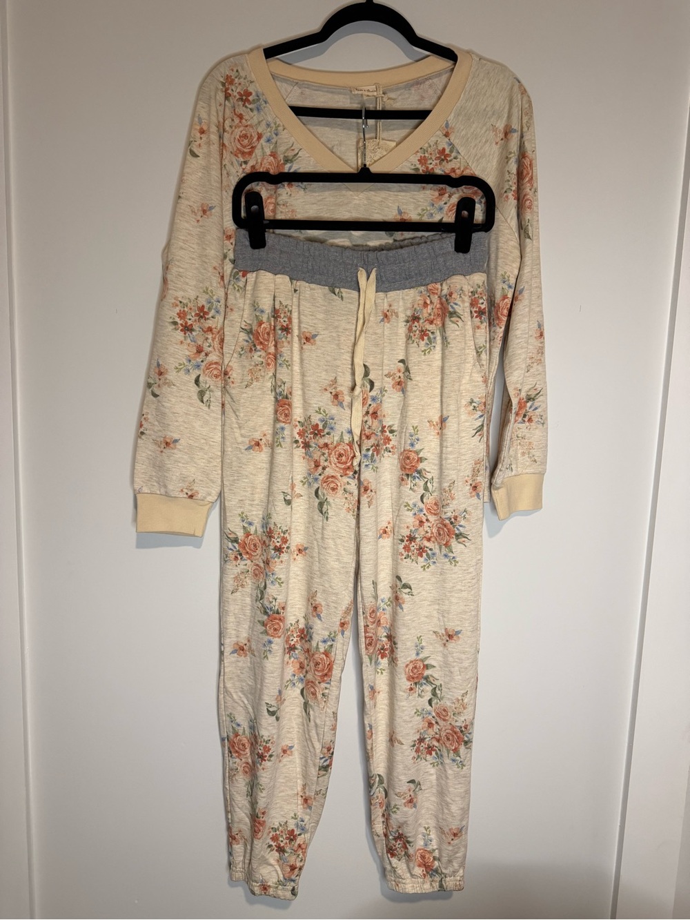 Hem & Thread Oatmeal Floral Jogger Pants and Long Sleeve Shirt Set